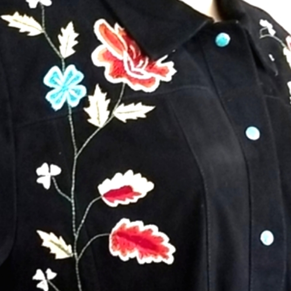 DOUBLE D RANCH DD Black Suede Leather Turq Snaps Floral Embroidery Shirt Blouse - Picture 10 of 10